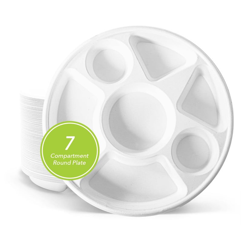 three leaf 7 COMPARTMENT BAGASSE ROUND PLATE 50 Ct HeavyDuty Super Strong Natural EcoFriendly Disposable Bagasse Plates 100 Biodegradable 7 compartment plates